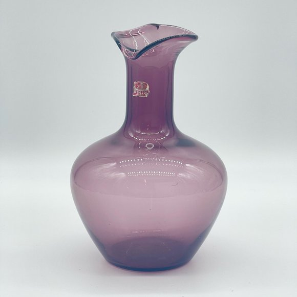 RARE Design Viking Glass Bulb Bottom Ruffled Vase Amethyst with Sticker 9" Tall